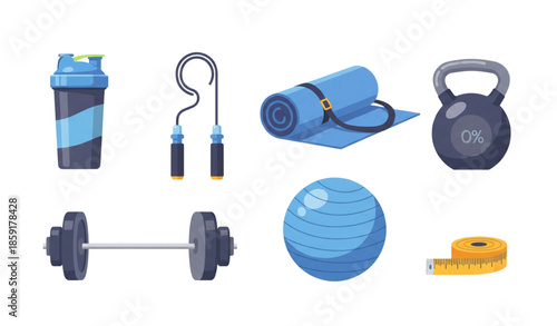 Fitness workout equipment vector illustration set with gym tools isolated on white background