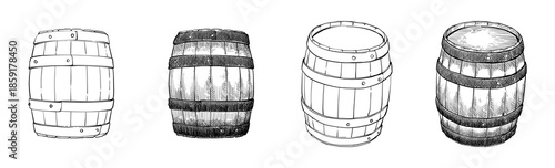 Fotografie Wood barrel hand drawn sketch with detail line art and shading on it also transp