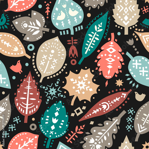 Vibrant autumn leaves and birds pattern on black background