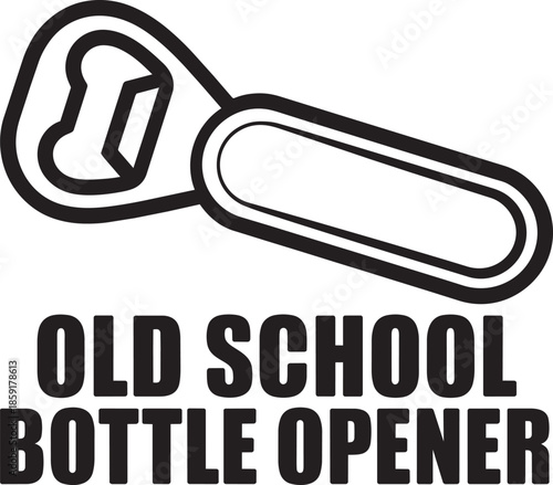 Outline illustration of old school bottle opener with text isolated on transparent background vector