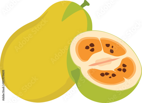 Whole yellow guava fruit and half cut with seeds and pulp isolated on transparent background vector