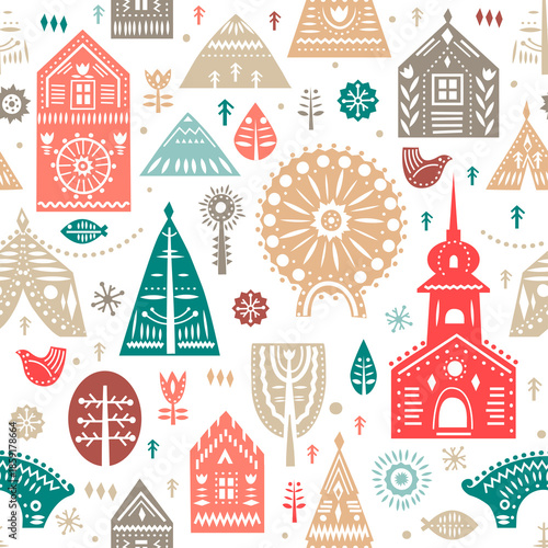 Vibrant winter village scene with colorful houses and trees