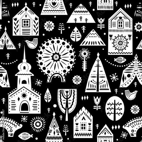 Whimsical black and white village scene with houses and trees