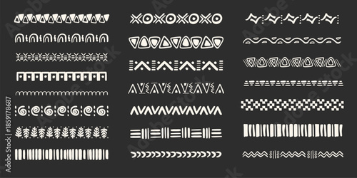 Set african tribal ethnic border, divider doodle hand drawn crayon from geometrical shapes isolated dark background. Boho motif scandinavian srtoke, traditional native decor.