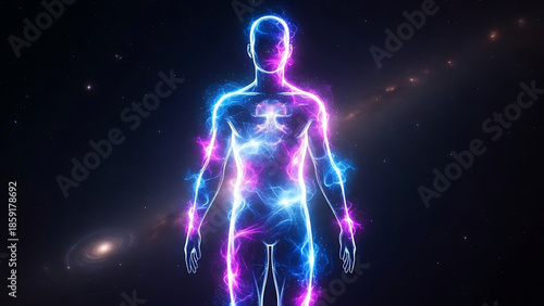 Abstract human figure composed of vibrant blue and magenta energy with internal glowing structures set against a dark space background showing galaxies and stars