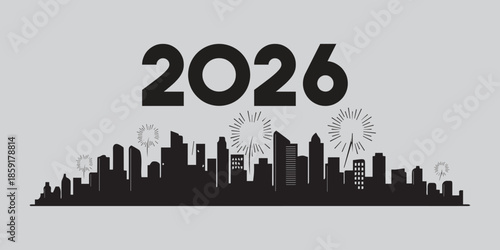 Happy new year 2026 celebration with fireworks and city skyline.