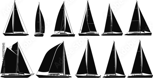 Collection of Ten Different Sailboat and Yacht Silhouettes in Various Side Views, Nautical Vector Illustration Set for Marine Travel and Regatta Events