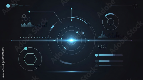Digital user interface background with futuristic target circles data charts and holographic elements on dark screen for cyber security and high tech information display hud dashboard concept visual