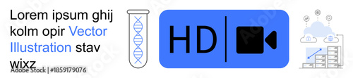 Digital streaming, biotechnology, data analysis, cloud services, genetics, multimedia. Blue HD video symbol, DNA structure cloud and analytics chart. Streaming and biotechnology concepts