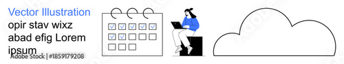 Time management, productivity tools, cloud storage, remote work, technology use, digital planning. A person working on a laptop next to a calendar and cloud graphic. Time management and productivity