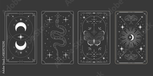 Tarot card frame spiritual esoteric reverse border magic sacred cover card. Mystic elements moon, sun, magic moth, snake fantasy sign.