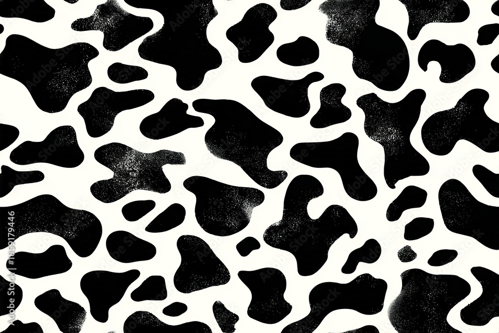 Fototapeta premium Cowhide pattern with black irregular organic blobs on white background creating classic abstract texture with natural shapes and soft edges, evoking rustic and natural feeling