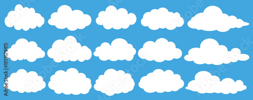 set of vector illustrations of clumpy clouds, cloud bubbles in flat style on a blue background	
