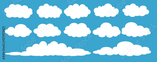 set of vector illustrations of clumpy clouds, cloud bubbles in flat style on a blue background	
