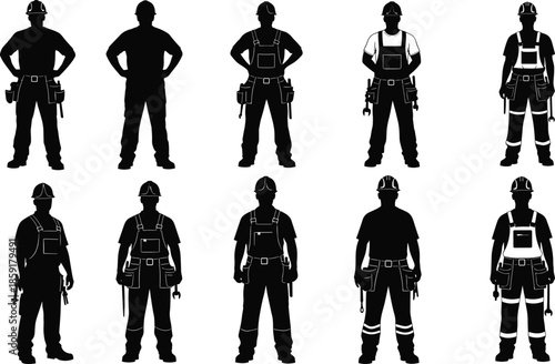 Construction worker silhouettes set vector illustration with professional builders wearing safety helmets and tools isolated on white background industrial workforce concept