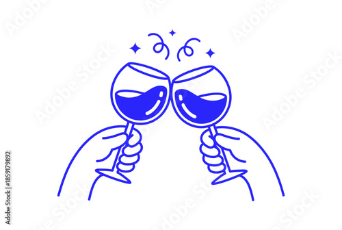 Simple minimal linear vector illustration of cartoon hands holding wine glasses for celebration party invitation banner design