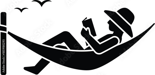 Person in hammock reading book with birds flying relaxation