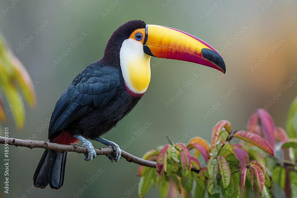 Fototapeta premium Colorful toucan perched on branch with vibrant leaves in natural setting, showcasing its large yellow and orange beak and dark feathers with bright white throat