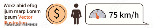 Financial transactions, gender equality, transportation speed, economy, data visualization, measurement tools. Dollar sign, woman icon speedometer reading of 75 kmh. Financial transactions