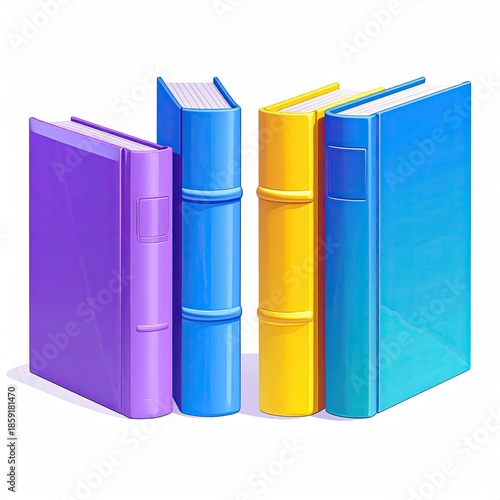 Four brightly colored hardcover books standing upright on a white surface