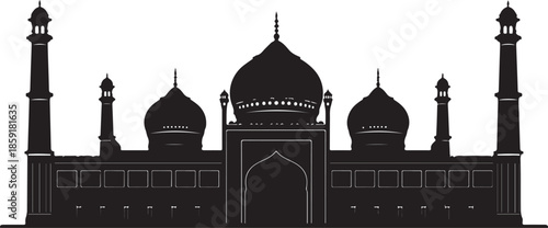 Black silhouette of a majestic mosque with prominent domes and slender minarets on a white background
