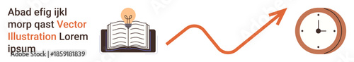 Education, time management, productivity, innovation, learning, goal achievement. An open book with a lightbulb, an upward arrow and a clock. Education and time management concept