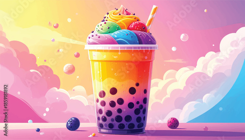 Colorful Bubble Tea with Rainbow Toppings in a Cartoon Style.
