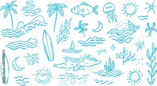 Blue Hand Drawn Doodles of Tropical Beach and Ocean Elements on White Background summer