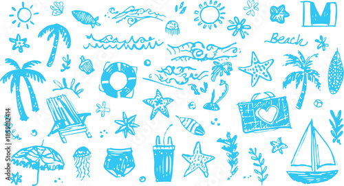 Blue Hand- Drawn Summer Beach Icons and Symbols Collection Keywords: summer, beach, vacation, travel, holiday, tropical, palm trees, sun, waves, surfboard, sailboat, umbrella, swimsuit, lifebuoy