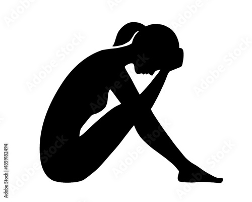 silhouette of a woman sitting hugging her knees, stressed, vector illustration
