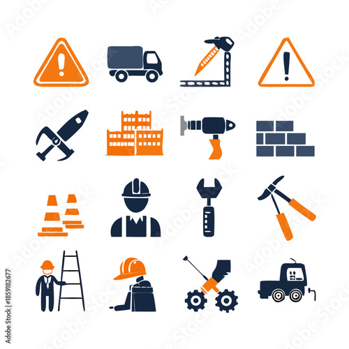 Under Construction Solid Icons.Related equipment, Worker, Cone, Hammer, Wrench, Screwdriver, Drill, Toolbox, Caution, Barrier, Warning, Crane, Excavator, Bulldozer, Brick, Ladder, Blueprint, Rulers, W