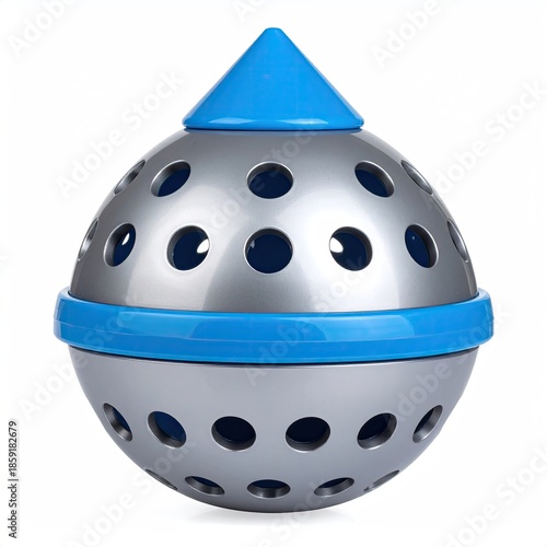 Spherical metallic object with blue accents and perforations