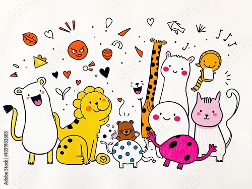 Playful doodle animals, energetic lines on canvas,  playful,  illustration