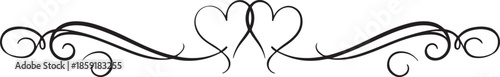 Elegant Black Heart Flourish Divider with Swirls and Curves Keywords: divider, flourish, hearts, decorative, ornate, elegant, swirl, curve, border, design element, romantic, love, wedding