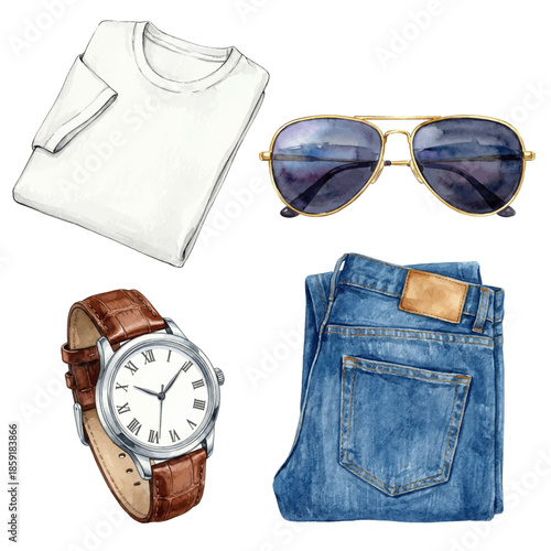 Watercolor Men's Fashion Set Watch Sunglasses Jeans T-Shirt Isolated Illustration