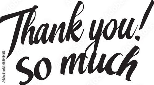 Handwritten script text saying Thank you so much in black ink on a white background lettering