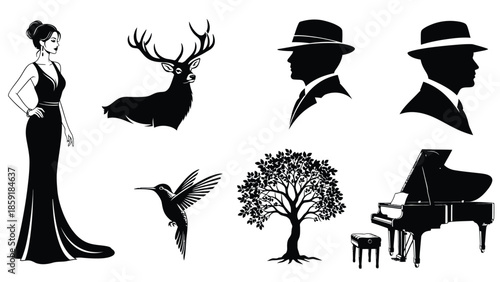 Elegant silhouettes of people and nature elements