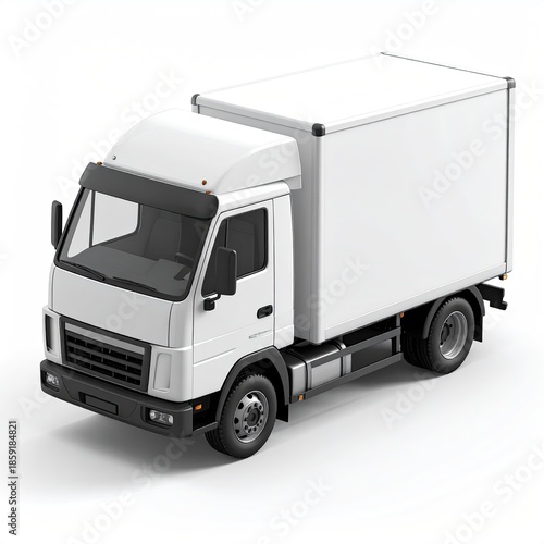 White delivery truck angled on white background, cargo space visible