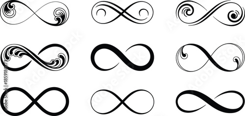 Abstract infinity symbol collection with decorative swirl loops isolated on white background minimalist black vector illustration set design elements