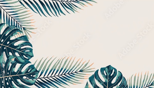 Exotic tropical watercolor leaf background with monstera and palm branches artwork