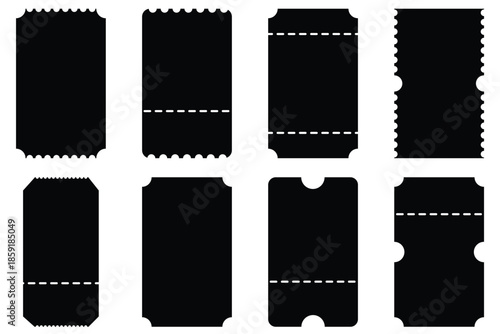 simple tickets flat mockups. Ticket simple pattern for cinema, circus, theater, festival, casino, club. Empty templates. Blank Paper Tickets and Coupons vector illustration.