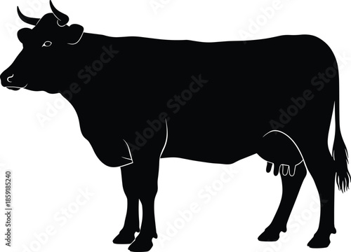 Dairy Cow Silhouette Vector Illustration, Detailed Black Design of Domestic Livestock with Udder and Horns, Isolated for Farming, Agriculture, Cattle, Meat, and Milk Production Design