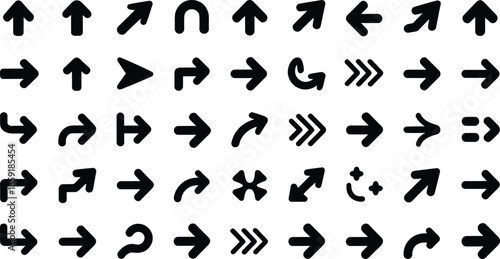 Black arrow icon set featuring navigation and direction symbols for user interface design isolated flat vector illustration collection