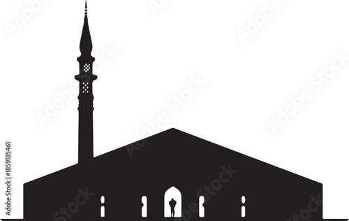 Silhouette of a mosque with a single tall minaret and arched entrance Islamic architecture