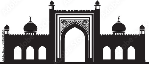 Silhouette of an ornate Islamic gateway with domes and minarets mosque architecture