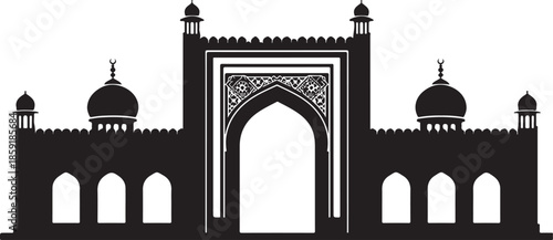 Silhouette of an ornate Islamic gateway with domes and minarets mosque architecture