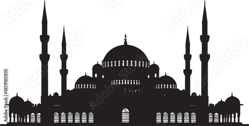Silhouette of the Blue Mosque with multiple minarets and domes against a white background islam architecture