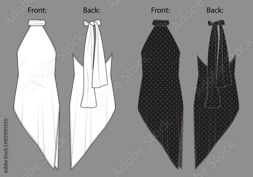 Vector illustration of fitted, sleeveless top in interlock jersey with a wide halter neck strap, with open back and asymmetric hem. Woman sleeveless dress fashion CAD in draped satin with wide ties.