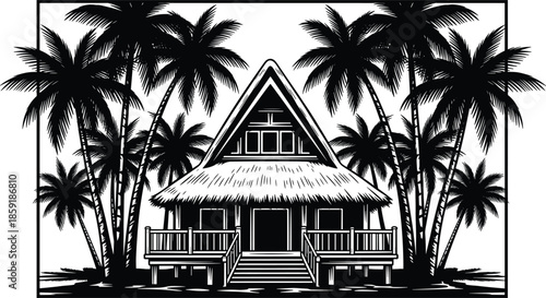 Detailed tropical beach hut vector illustration surrounded by palm trees, showcasing island architecture, exotic vacation scenery, and relaxing coastal retreat atmosphere for creative design projects