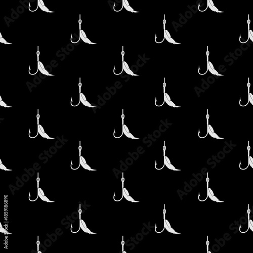 Fishing hook with feather seamless pattern isolated on black background